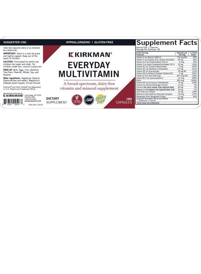 Kirkman EveryDay Multivitamin - 180 Capsules - Broad-Spectrum Vitamin & Mineral - Supports Productivity - Hypoallergenic - Image 2