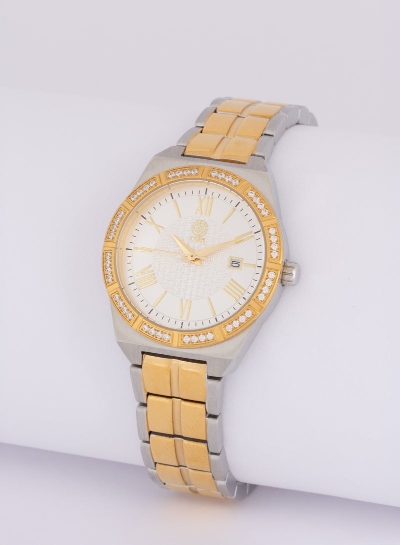CABA Women's Watch, Studded With Zircon Stones, Elegant, Date Display, Golden Roman Numbers, Water Resistant And Rust Resistant, Stainless Steel, Silver&Gold - 3106890SL-2 - Image 1