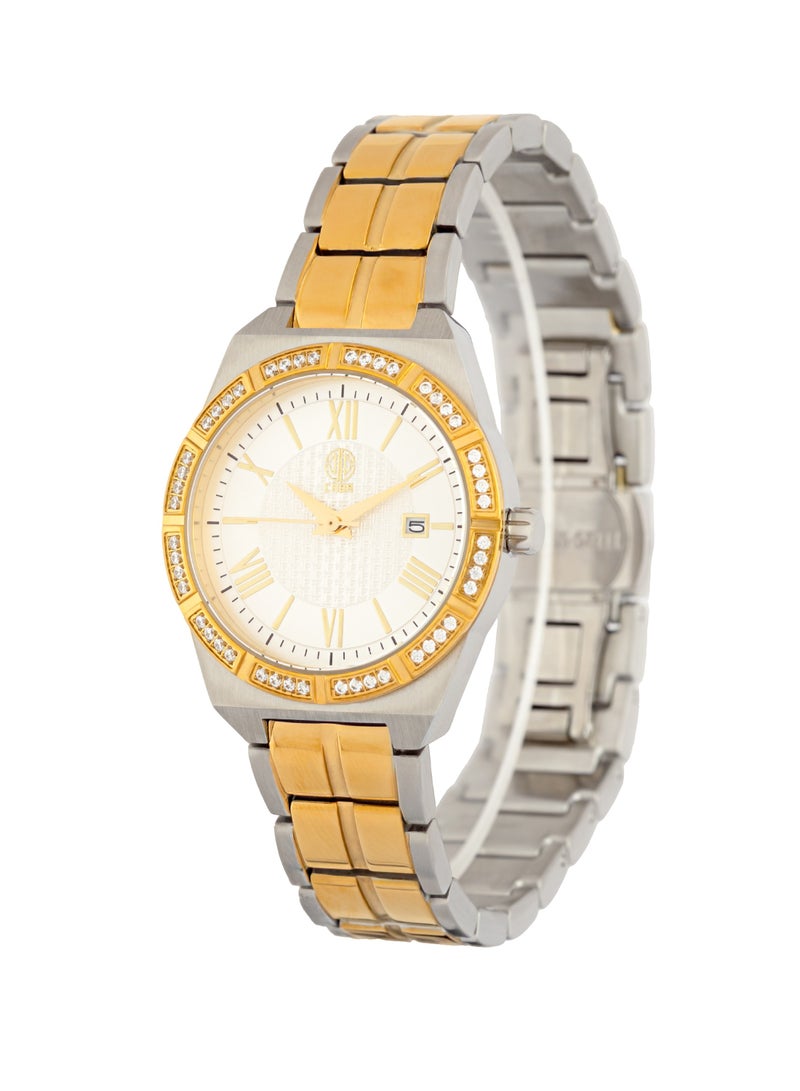 CABA Women's Watch, Studded With Zircon Stones, Elegant, Date Display, Golden Roman Numbers, Water Resistant And Rust Resistant, Stainless Steel, Silver&Gold - 3106890SL-2 - Image 2