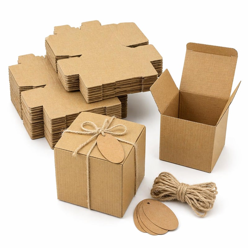 Brown Kraft Paper Eco Boxes – 50 Boxes + Card + Natural String – Perfect for Weddings, Birthdays and Events (10 * 10 * 10) - Image 1