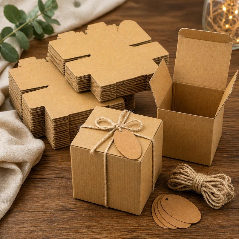 Brown Kraft Paper Eco Boxes – 50 Boxes + Card + Natural String – Perfect for Weddings, Birthdays and Events (10 * 10 * 10) - Image 4