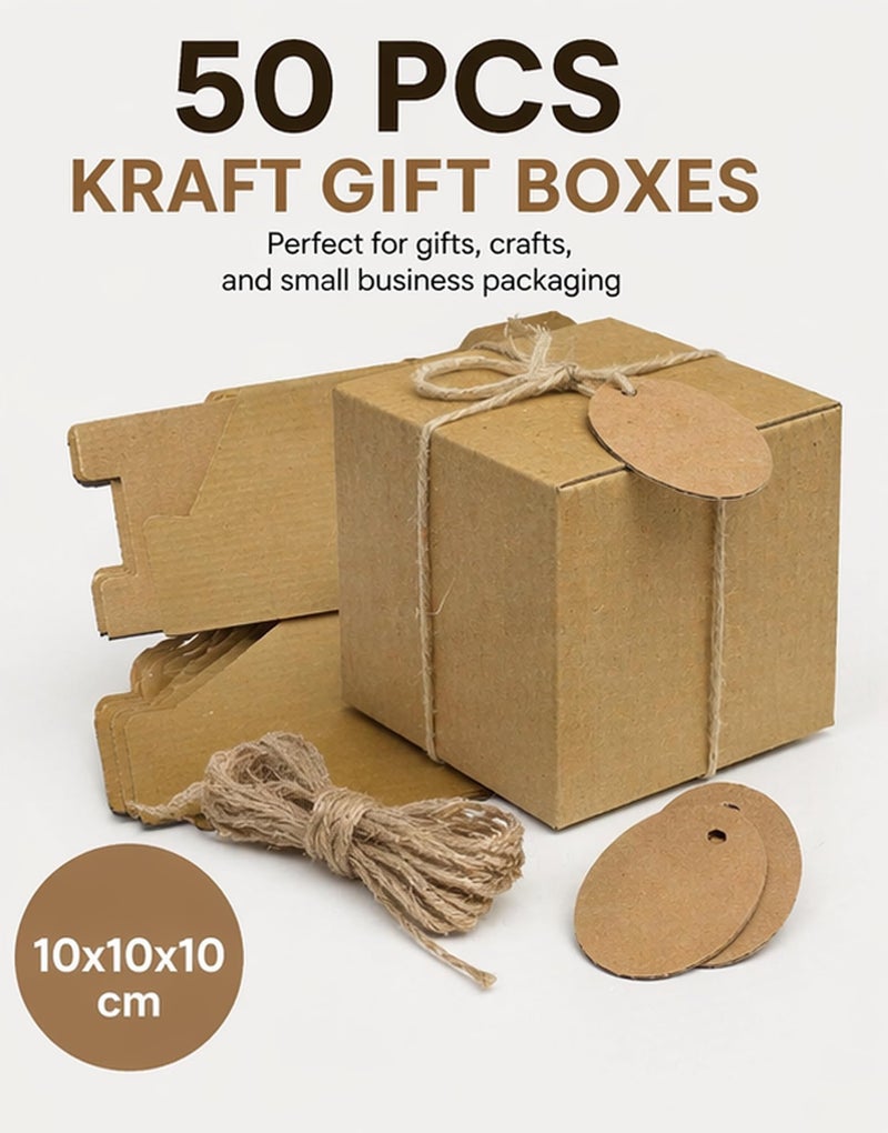 Brown Kraft Paper Eco Boxes – 50 Boxes + Card + Natural String – Perfect for Weddings, Birthdays and Events (10 * 10 * 10) - Image 2