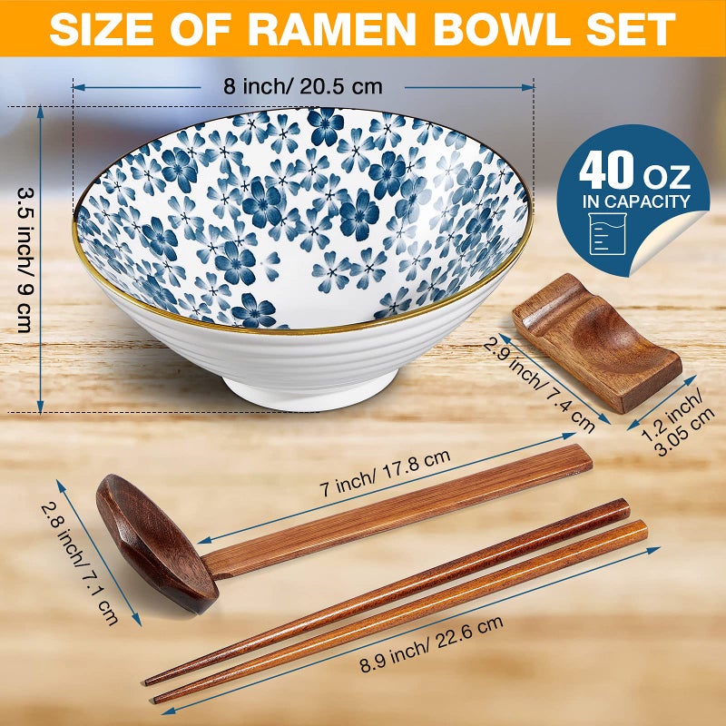 Geiserailie Ceramic Ramen Bowl, 40 oz Japanese Large Noodle Bowls with Spoons, Chopsticks and Chopsticks Stand for Udon, Soba, Pho, Noodles, Ramen, Salad and Soup, Set of 4 (Classic Style) - Image 2