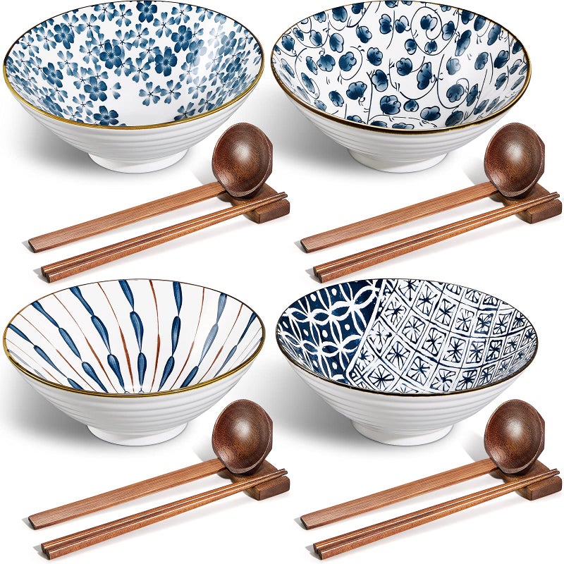 Geiserailie Ceramic Ramen Bowl, 40 oz Japanese Large Noodle Bowls with Spoons, Chopsticks and Chopsticks Stand for Udon, Soba, Pho, Noodles, Ramen, Salad and Soup, Set of 4 (Classic Style) - Image 1