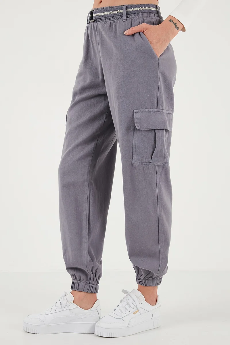 ليلا Cotton Standard Fit Normal Waist Elastic Leg Belted Jogger Pants Women's Trousers 668YP5045