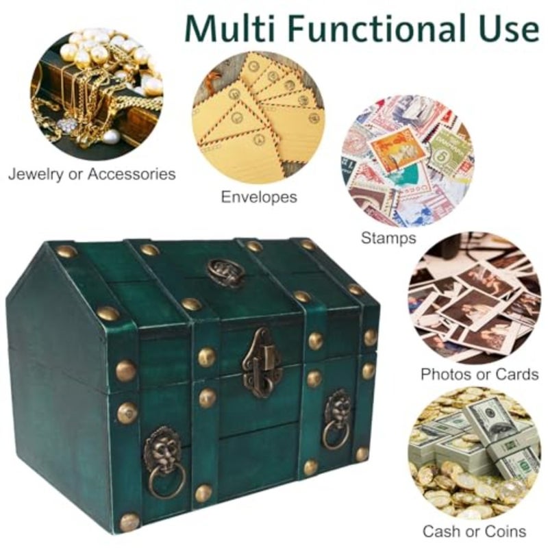 Vintage Wooden Jewelry Chest with Lock, Large Capacity Decorative Treasure Box for Jewelry Storage and Home Organization, Antique Style Keepsake Organizer, Green Finish - Image 4