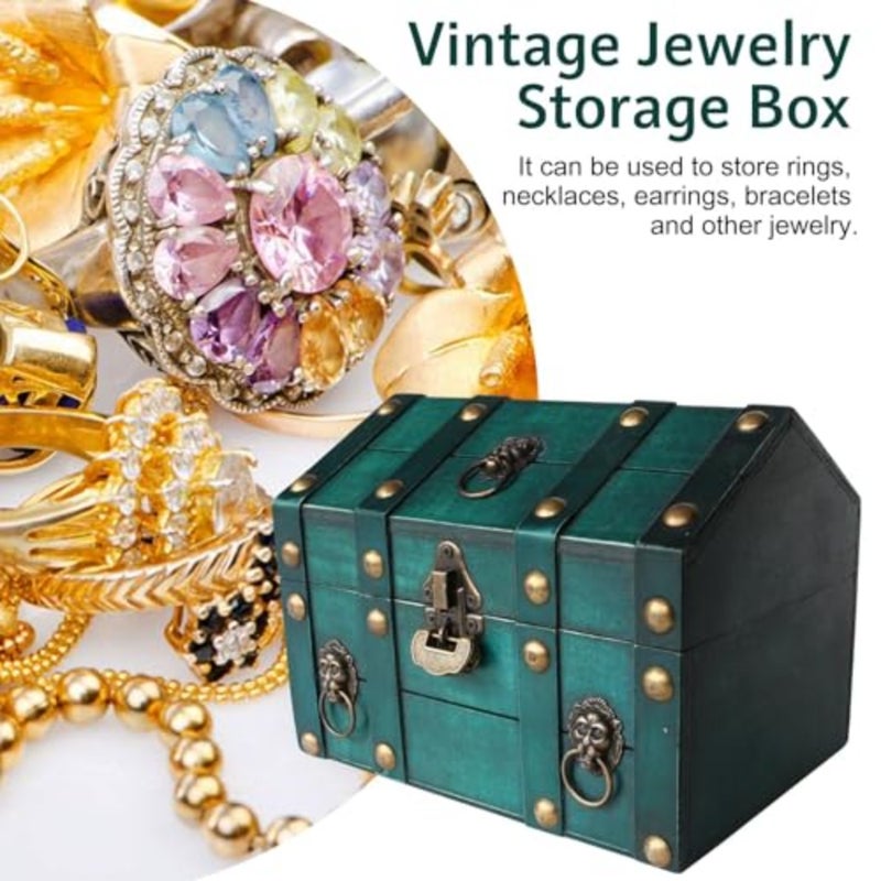 Vintage Wooden Jewelry Chest with Lock, Large Capacity Decorative Treasure Box for Jewelry Storage and Home Organization, Antique Style Keepsake Organizer, Green Finish - Image 2