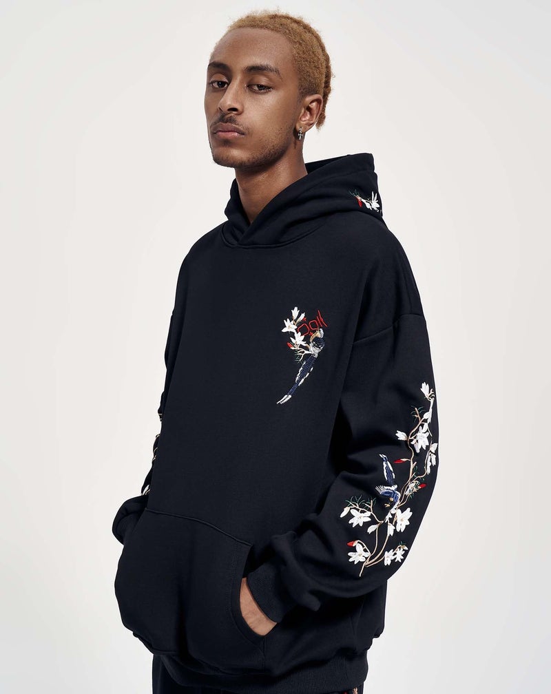 Niepce Inc Streetwear Men's Magpie Embroidered Heavyweight Graphic Hoodies (black-magpie, Large) - Image 4