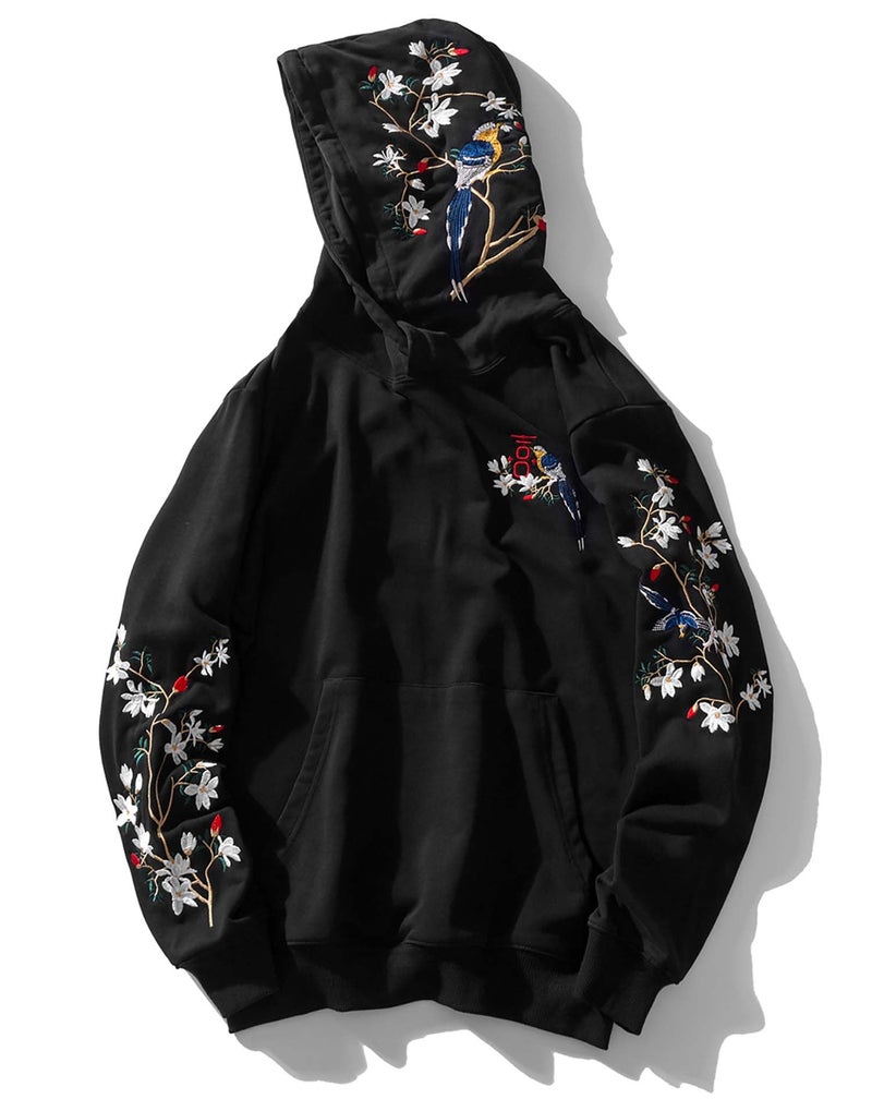 Niepce Inc Streetwear Men's Magpie Embroidered Heavyweight Graphic Hoodies (black-magpie, Large) - Image 1