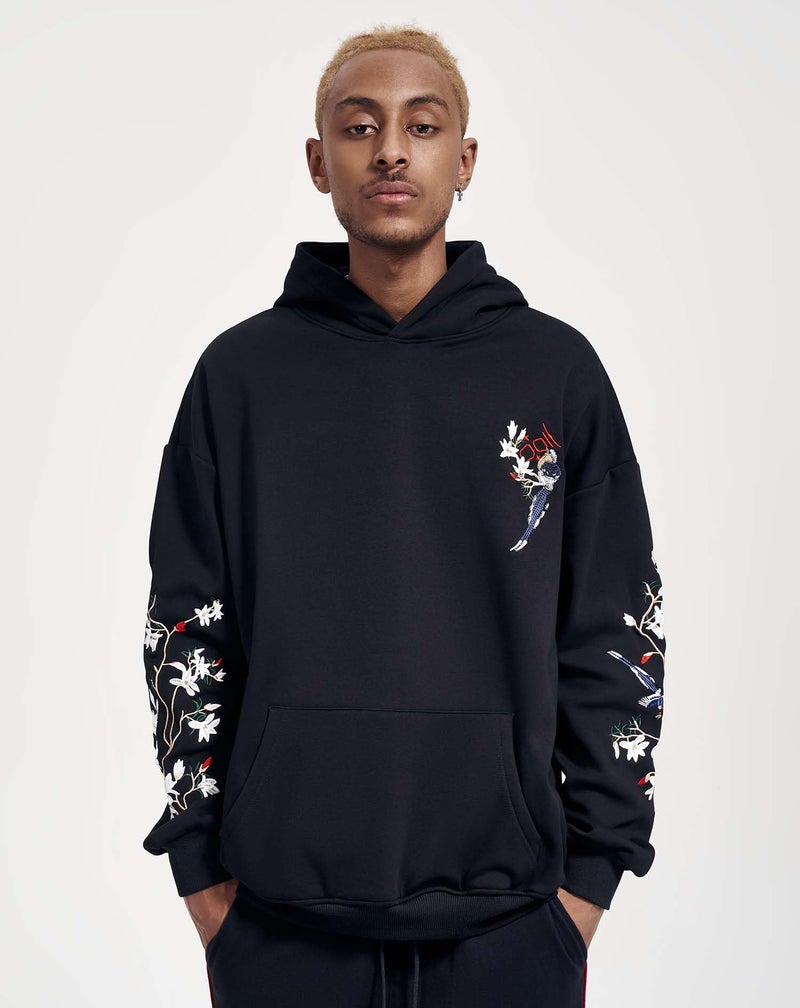 Niepce Inc Streetwear Men's Magpie Embroidered Heavyweight Graphic Hoodies (black-magpie, Large) - Image 2