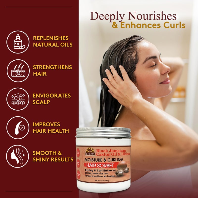 OKAY Black Jamaican Castor Oil & Hibiscus Moisture & Curling Sorbet - Castor Oil Hair Pomade for Men & Women, Moisturize Dry Scalp with Natural Aloe, Hair Food for Curls & Waves - 17 oz (Pack of 1) - Image 2