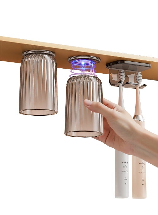 طقم حامل أكواب وفرشاة أسنان من 3 قطع ， تصميم مغناطيسي مبتكر خالٍ من الثقب ， صندوق تخزين للحمام مثبت على الحائط (رمادي) - Image 1