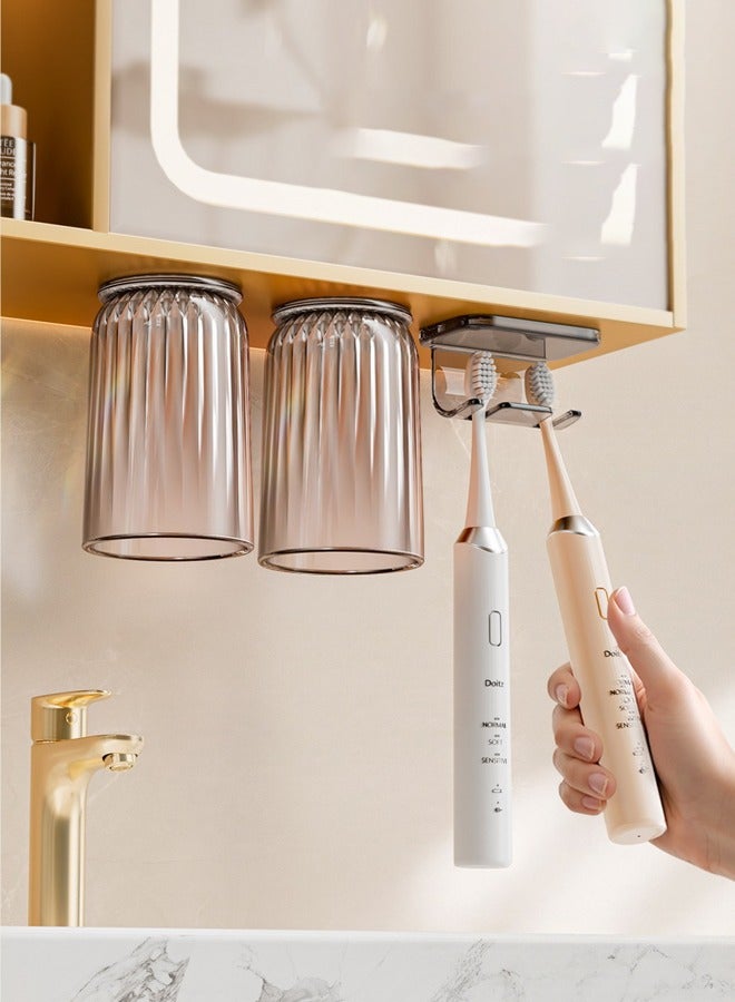 طقم حامل أكواب وفرشاة أسنان من 3 قطع ， تصميم مغناطيسي مبتكر خالٍ من الثقب ， صندوق تخزين للحمام مثبت على الحائط (رمادي) - Image 2