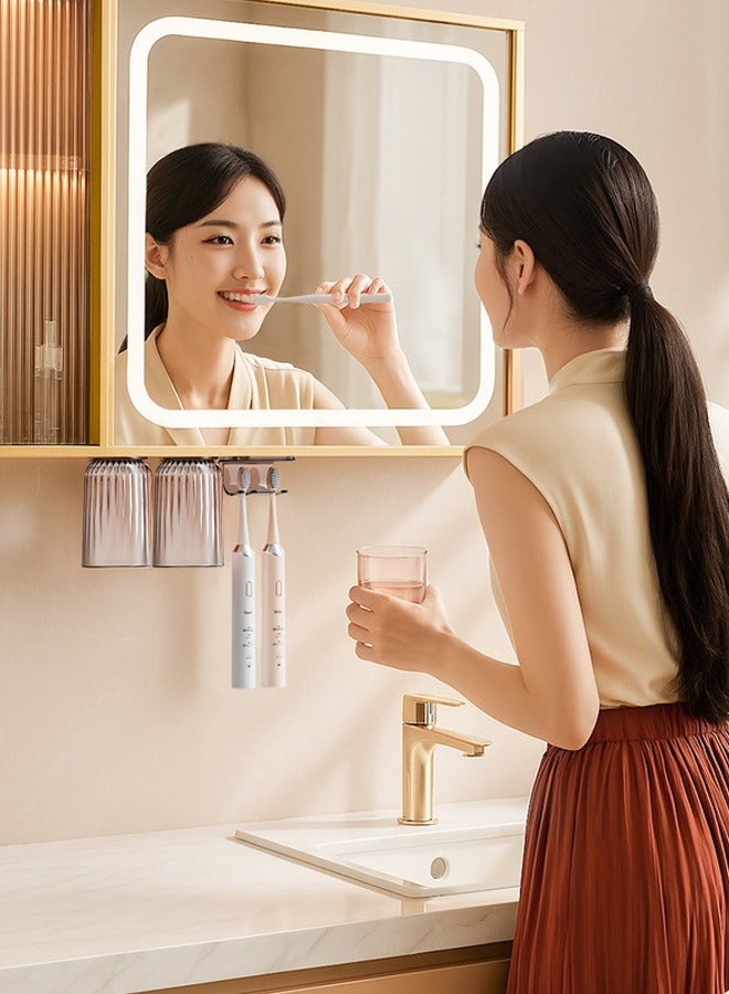 طقم حامل أكواب وفرشاة أسنان من 3 قطع ， تصميم مغناطيسي مبتكر خالٍ من الثقب ， صندوق تخزين للحمام مثبت على الحائط (رمادي) - Image 4