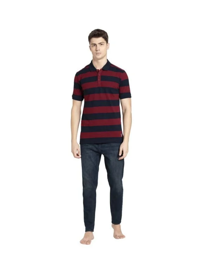 Jockey Deep Red & Navy US93 Men Super Combed Cotton Rich Striped Polo T Shirt for Men | Best Price UAE