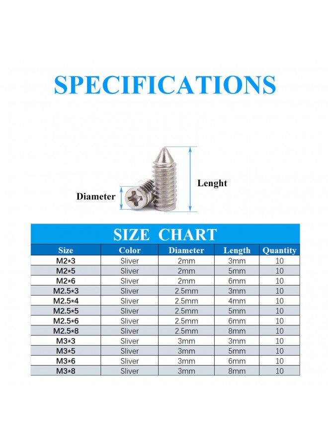 Yoliko 120 pcs Nickel Plated Tip Screws Pointed Cross Slot Leather Accessories 12 Sizes Belt Screws Include M2*3-M2*6, M2.5 * 3-M2.5 * 8, M3*3-M3*8 with 2mm Screwdriver for Belt Buckle Wallet Handbag Purse  - Image 1