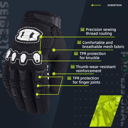 Seibertron Unisex BMX MX ATV MTB Racing Gloves - Touch Recognition Full Finger Glove for Road Racing and Motorcycle Sports Black M - Image 3