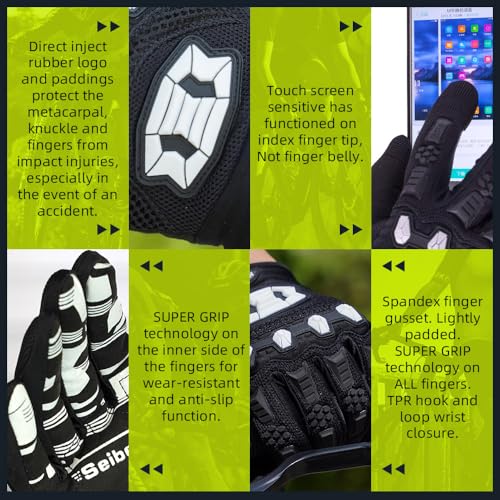 Seibertron Unisex BMX MX ATV MTB Racing Gloves - Touch Recognition Full Finger Glove for Road Racing and Motorcycle Sports Black M - Image 5