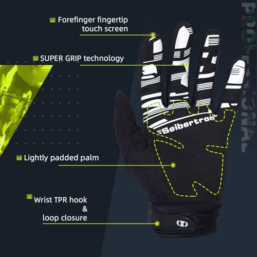 Seibertron Unisex BMX MX ATV MTB Racing Gloves - Touch Recognition Full Finger Glove for Road Racing and Motorcycle Sports Black M - Image 4