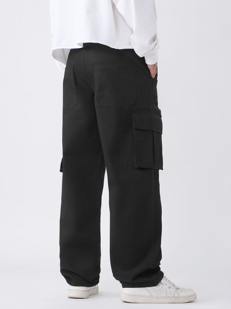 The Souled Store Men Nightfall Solid Black Straight Fit Cargo Pants - Image 4