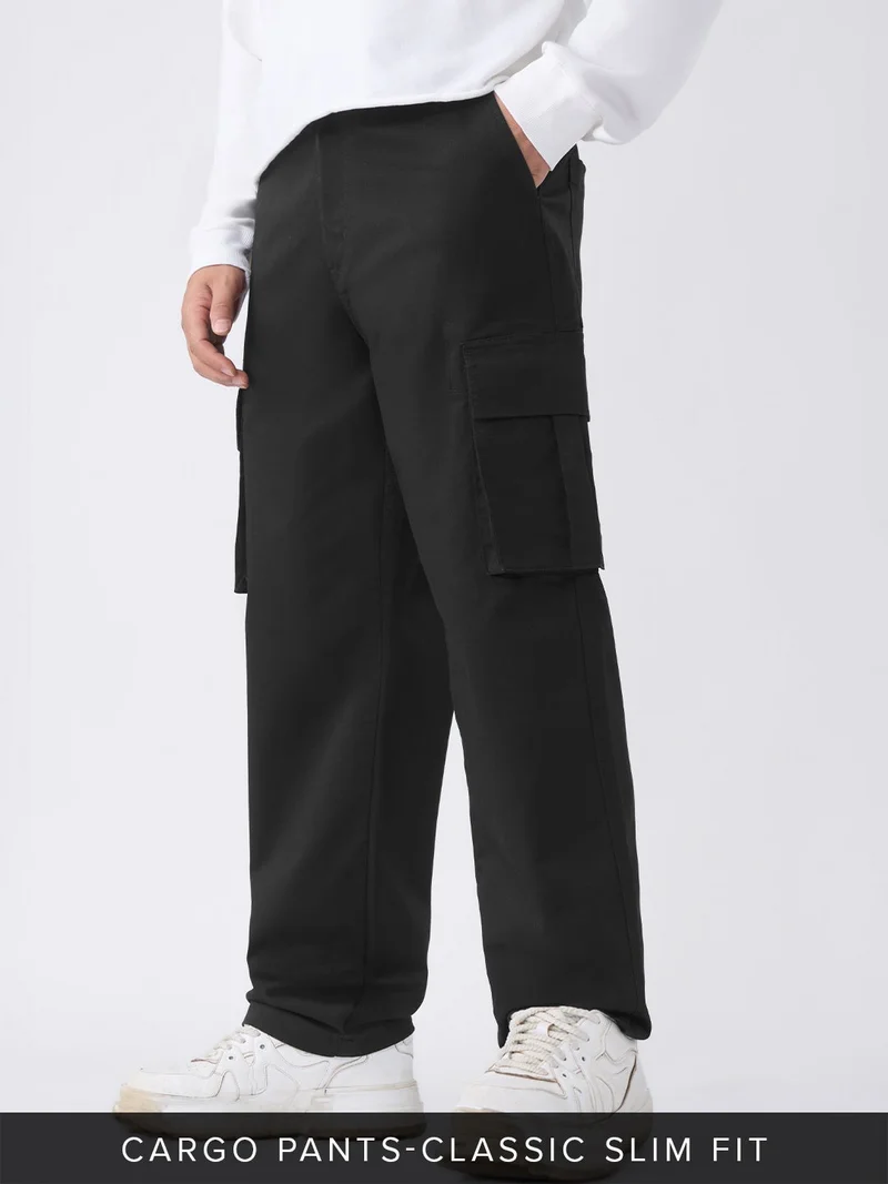 The Souled Store Men Nightfall Solid Black Straight Fit Cargo Pants