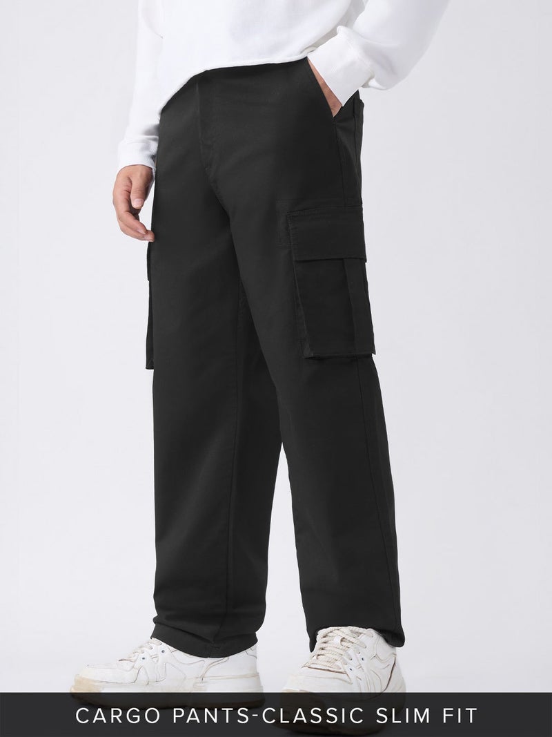 The Souled Store Men Nightfall Solid Black Straight Fit Cargo Pants - Image 1