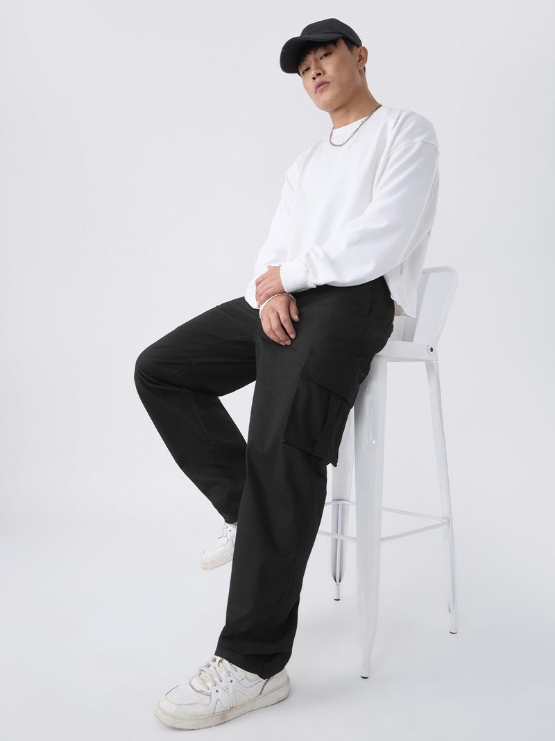 The Souled Store Men Nightfall Solid Black Straight Fit Cargo Pants - Image 3