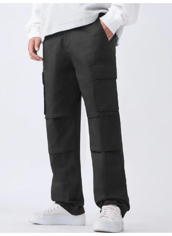 The Souled Store Men Nightfall Solid Black Straight Fit Cargo Pants