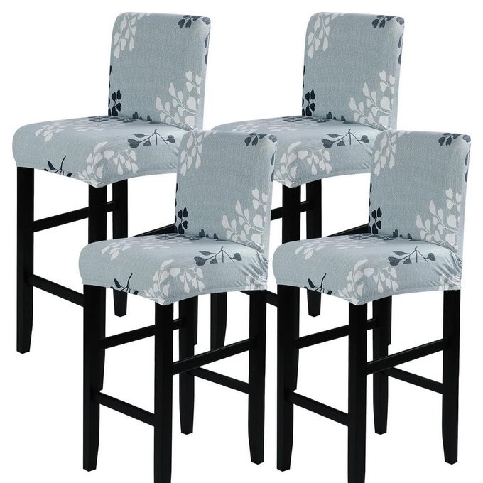 BAR STOOL COVERS SET OF 4 STRETCH WASHABLE BARSTOOL SEAT COVERS COUNTER HEIGHT CHAIR COVERS FOR KITCHEN DINING ROOM CAFE GREY LEAF