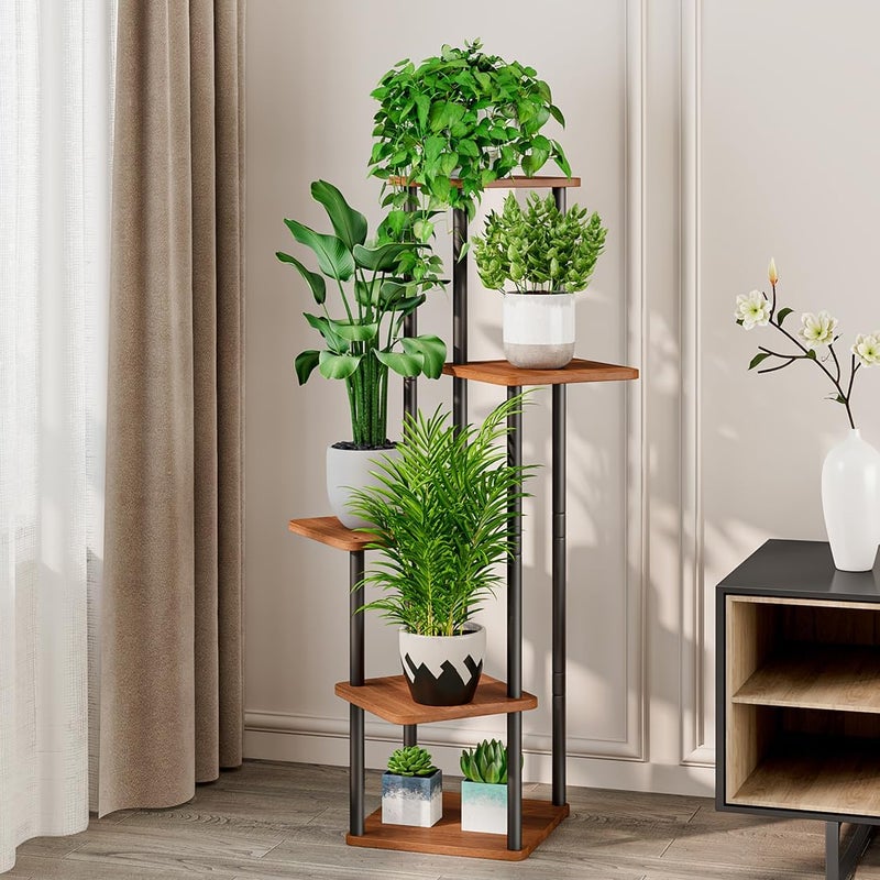 AZERPIAN حامل نباتات 5 طبقات داخلي رف زهور معدني لنباتات متعددة حامل زهور طويل للزاوية للفناء والحديقة وغرفة المعيشة والشرفة وغرفة النوم، جوز (5 طبقات - جوز) - Image 1