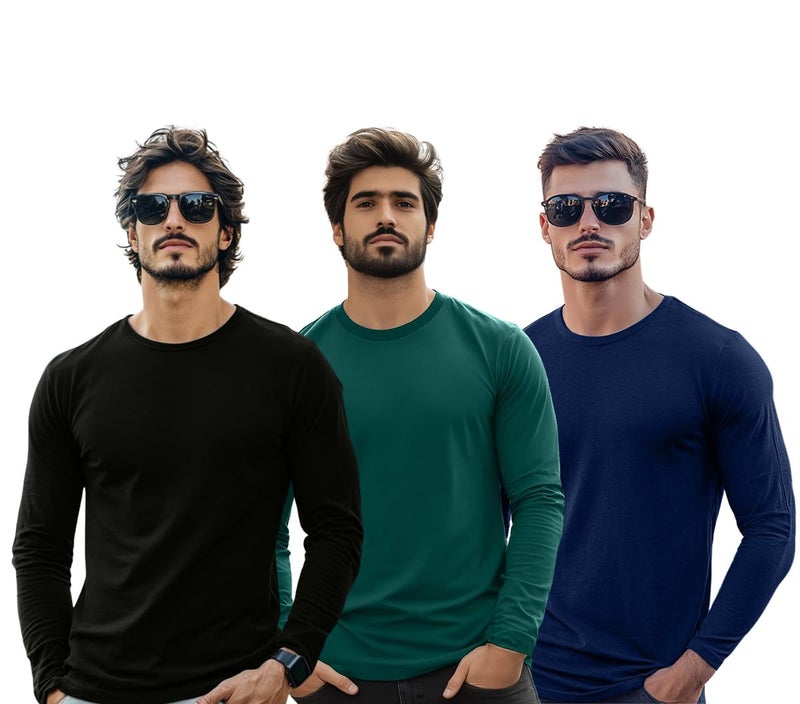 Veirdo® Pure Cotton Round Neck Regular Fit Solid Full Sleeve T-Shirt Combo for Men (PO3_V_FS_GN_NY_BK_M) - Image 1