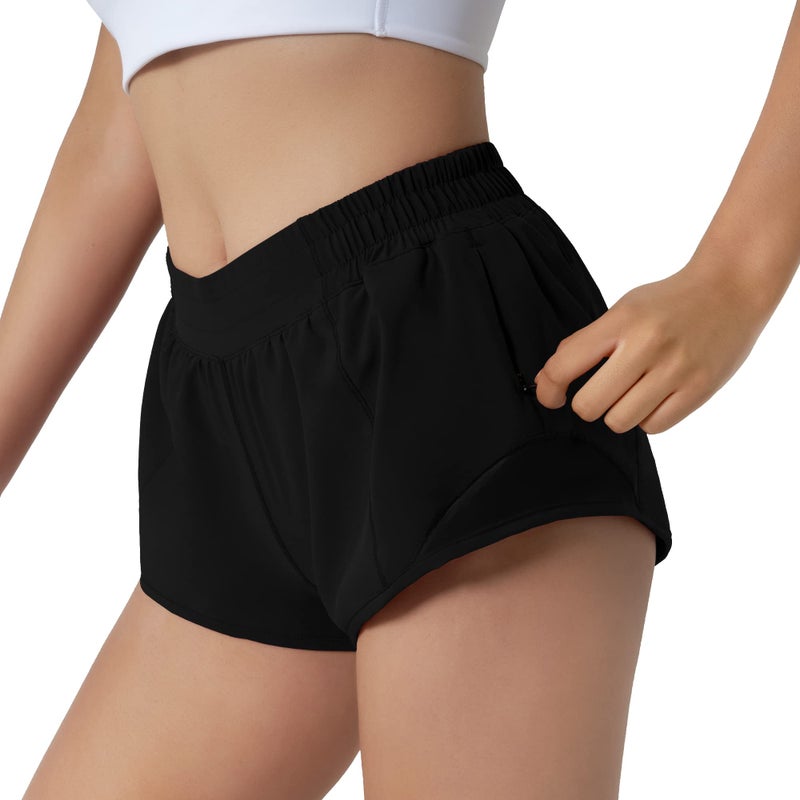 Aurefin Running Shorts for Women,Quick Dry Athletic Sports Shorts Lightweight Active Workout Gym Shorts with Zip Pocket Black/M - Image 2