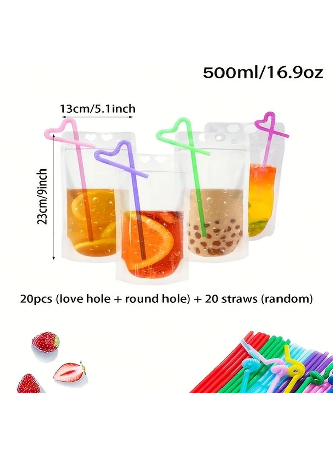 40 Transparent Self Sealing Matte Juice Drink Bags 16.91 Oz With Random Straws Reusable Milk Tea Soy Milk Packaging Bag For Takeout Beverage Milk Tea Shop Birthday Party - Image 2