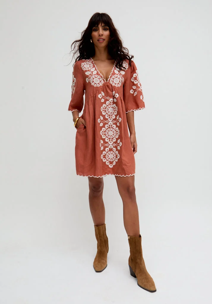 رافاي Arabella V- Neck Embroidered Mini Dress In Brown