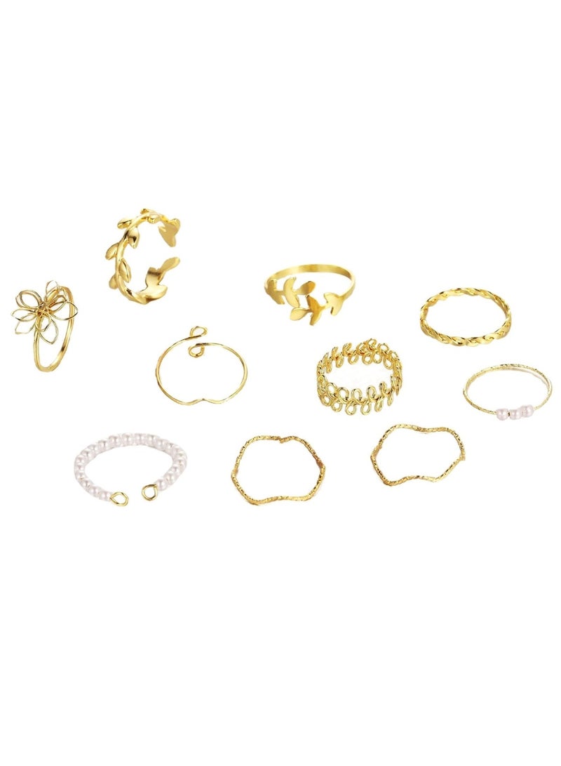 Huitich 10 Pcs Gold-Tone Bohemian Leaf & Pearl Ring Set  - Image 1