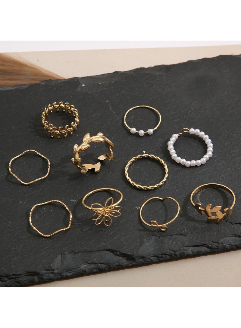 Huitich 10 Pcs Gold-Tone Bohemian Leaf & Pearl Ring Set  - Image 3