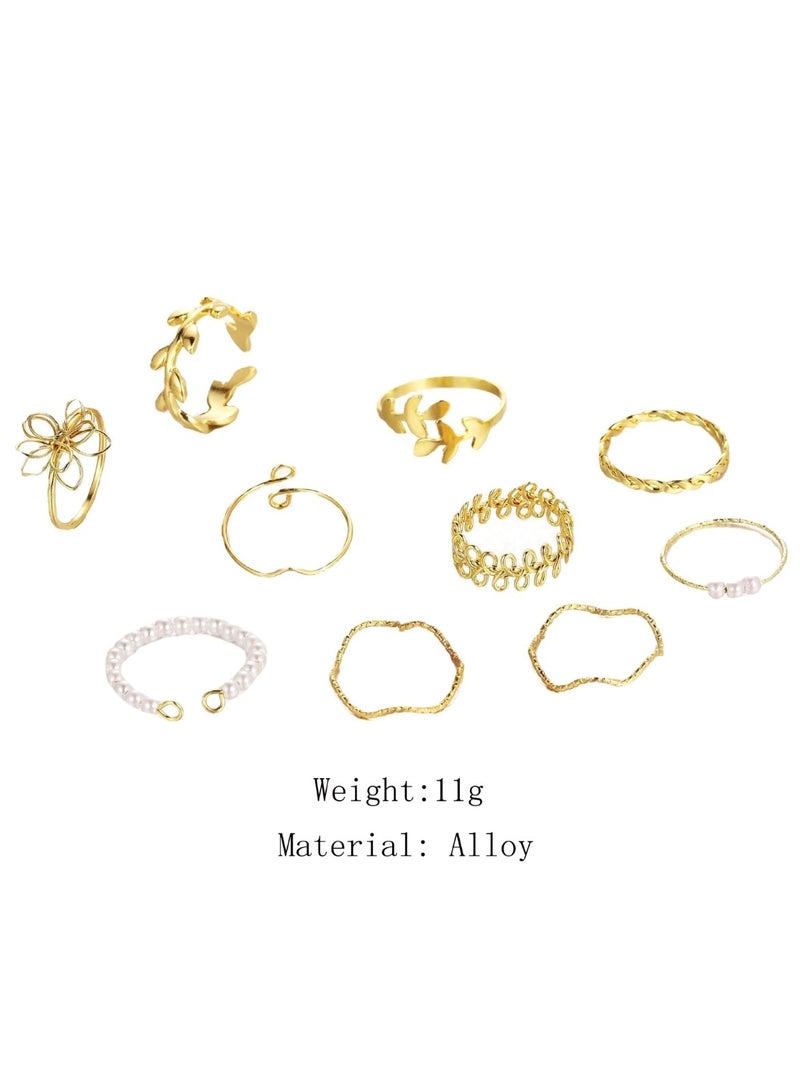 Huitich 10 Pcs Gold-Tone Bohemian Leaf & Pearl Ring Set  - Image 4