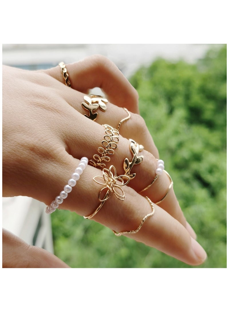 Huitich 10 Pcs Gold-Tone Bohemian Leaf & Pearl Ring Set  - Image 5