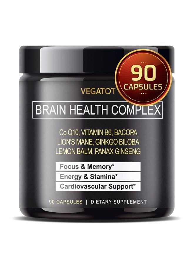 VEGATOT Brain Booster *USA Made and Tested* Brain Health Complex Supplement Concentrated with CoQ-10 VIT B6 Lion's Mane Ginkgo Biloba Lemon Balm Ginseng - Focus Memory Energy - Image 1