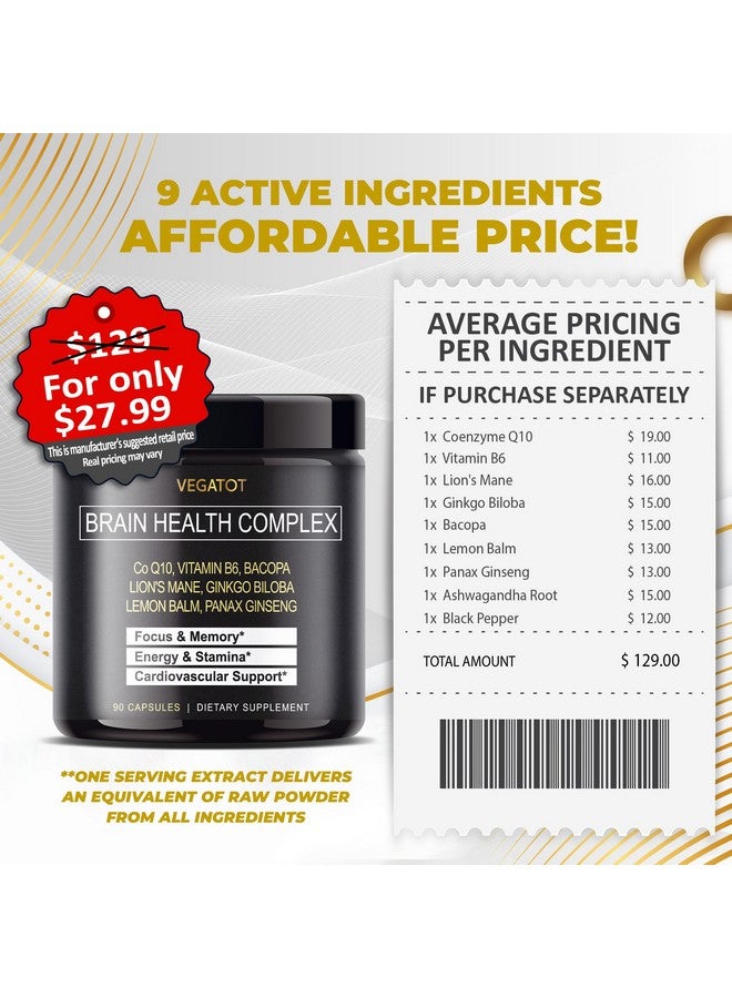 VEGATOT Brain Booster *USA Made and Tested* Brain Health Complex Supplement Concentrated with CoQ-10 VIT B6 Lion's Mane Ginkgo Biloba Lemon Balm Ginseng - Focus Memory Energy - Image 4