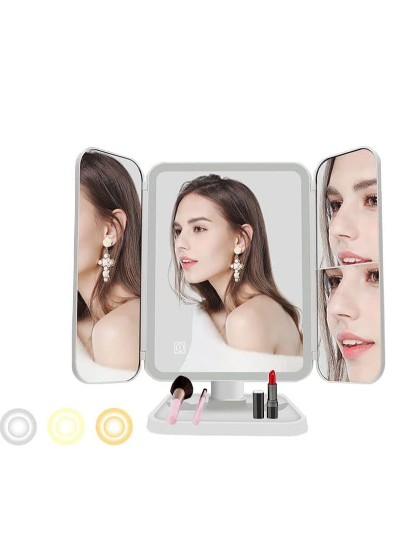 JAJEEK مرآة مكياج LED مع 3 أوضاع إضاءة ملونة – مرآة ثلاثية الطي مع 52 ضوء LED، تكبير 1x/2x/3x، تصميم تحكم باللمس، مرآة تجميل محمولة عالية الدقة مضاءة للجمال والعناية الشخصية - Image 1