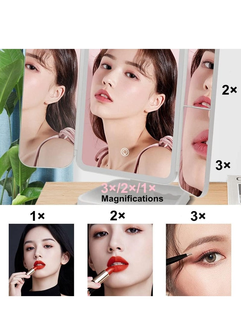 JAJEEK مرآة مكياج LED مع 3 أوضاع إضاءة ملونة – مرآة ثلاثية الطي مع 52 ضوء LED، تكبير 1x/2x/3x، تصميم تحكم باللمس، مرآة تجميل محمولة عالية الدقة مضاءة للجمال والعناية الشخصية - Image 3