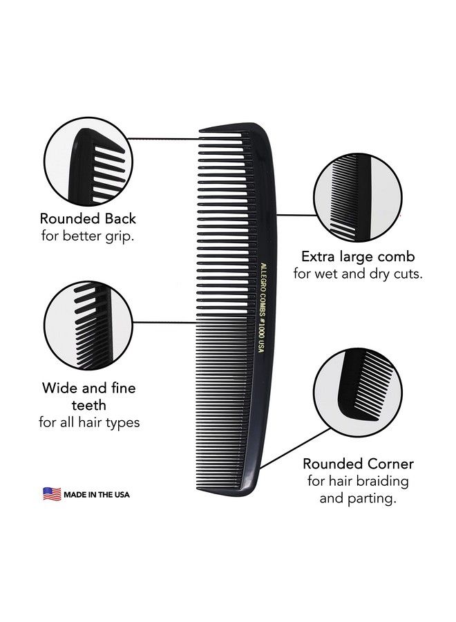 Allegro Combs 1000 Xlarge Styling Comb Hair Cutting Barber Stylist Shampoo Combs All Purpose Wide And Fine Tooth Made In The Usa 2 Pc. (Black) - Image 4