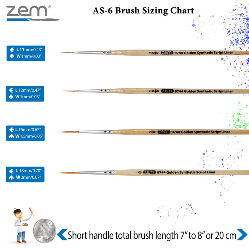 ZEM Brush Golden Synthetic Long Script Liners Artist Paint Brushes Sizes 20/0, 10/0, 5/0, 0 - Image 2