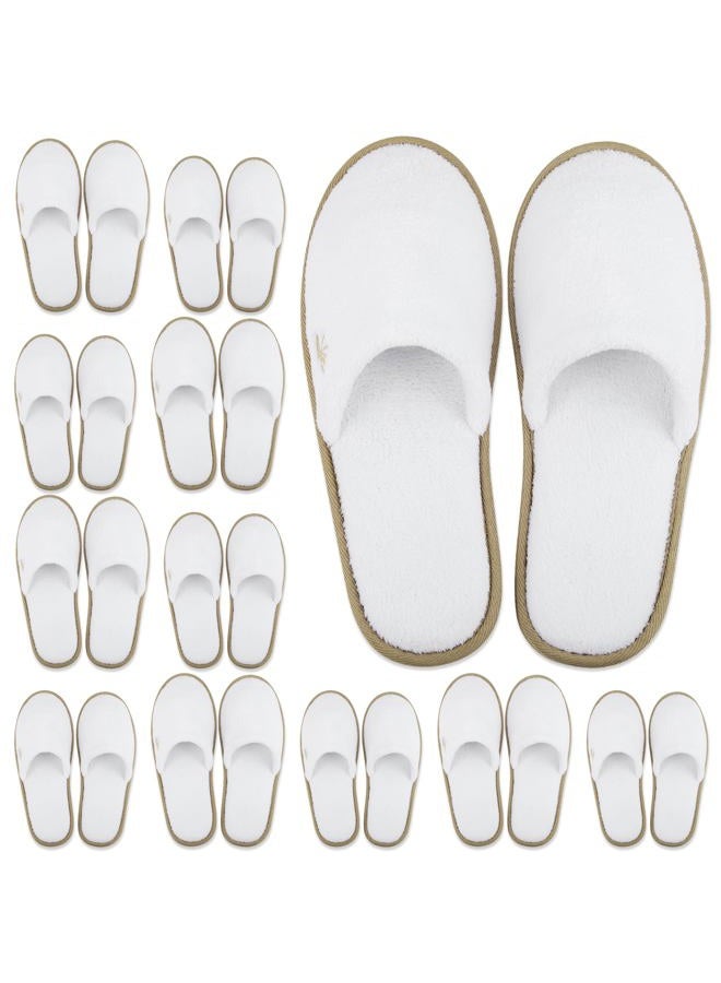 BERGMAN KELLY Spa Slippers, Closed Toe (Medium & Large, 12 Pairs, White + Cocoa Trim), Disposable Indoor Hotel Slippers for Men and Women, Fluffy Coral Fleece, Deluxe Padded Sole for Extra Comfort - Image 1