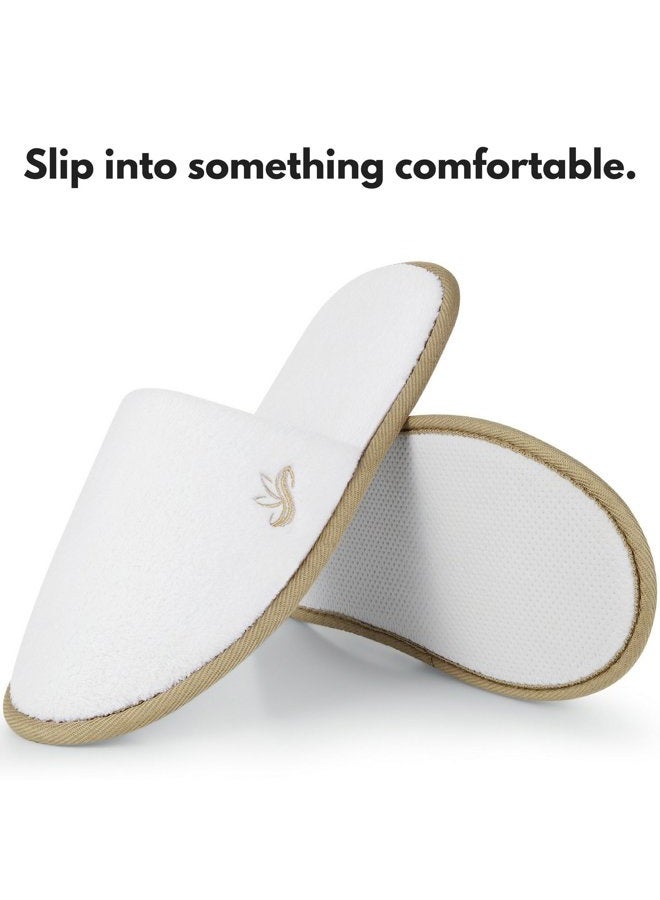 BERGMAN KELLY Spa Slippers, Closed Toe (Medium & Large, 12 Pairs, White + Cocoa Trim), Disposable Indoor Hotel Slippers for Men and Women, Fluffy Coral Fleece, Deluxe Padded Sole for Extra Comfort - Image 2