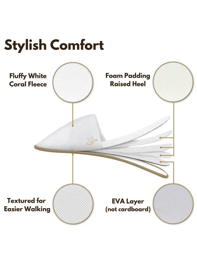 BERGMAN KELLY Spa Slippers, Closed Toe (Medium & Large, 12 Pairs, White + Cocoa Trim), Disposable Indoor Hotel Slippers for Men and Women, Fluffy Coral Fleece, Deluxe Padded Sole for Extra Comfort - Image 4
