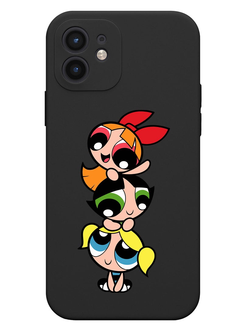 Theodor Protective Slim Fit Case Liquid Silicone Cover with Full Body Protection Anti-Scratch Shockproof Case For iPhone 12 Black  - Pretty Girls Illustration  - Image 1