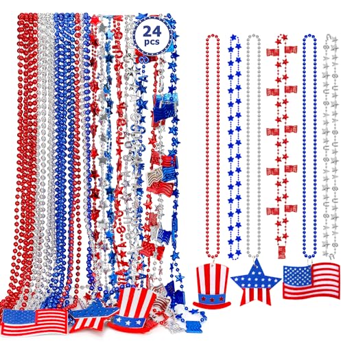 EOBOH 4th of July Necklace Accessories 24PCS Independence Day Beads Necklaces Bulk 15 Kinds Fourth of July Red Blue White Stars USA Flags Necklace Patriotic Bulk for Parade Party Favors Decor - Image 1