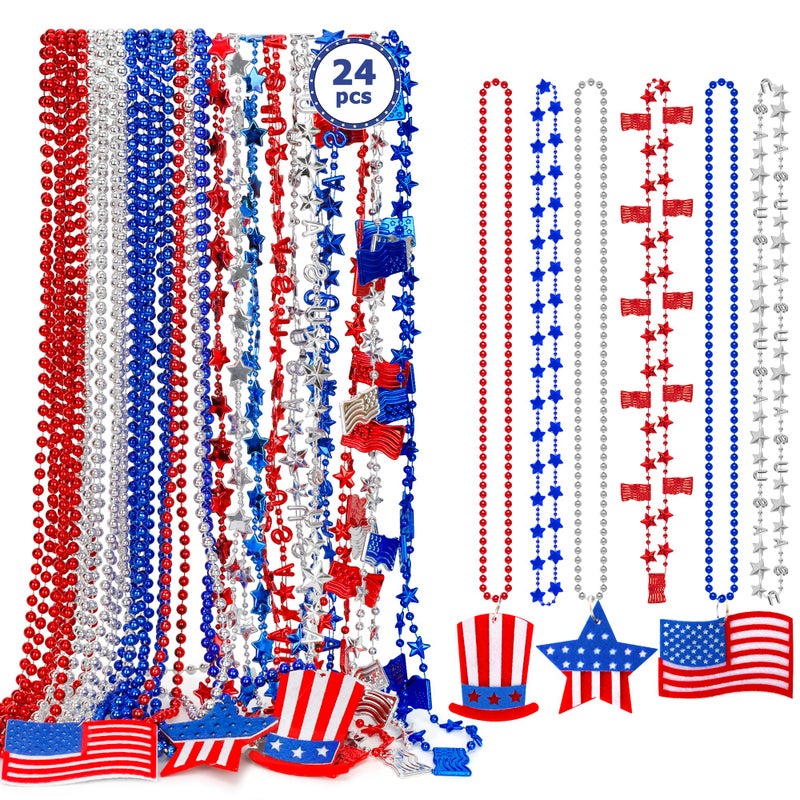 EOBOH 4th of July Necklace Accessories 24PCS Independence Day Beads Necklaces Bulk 15 Kinds Fourth of July Red Blue White Stars USA Flags Necklace Patriotic Bulk for Parade Party Favors Decor - Image 2